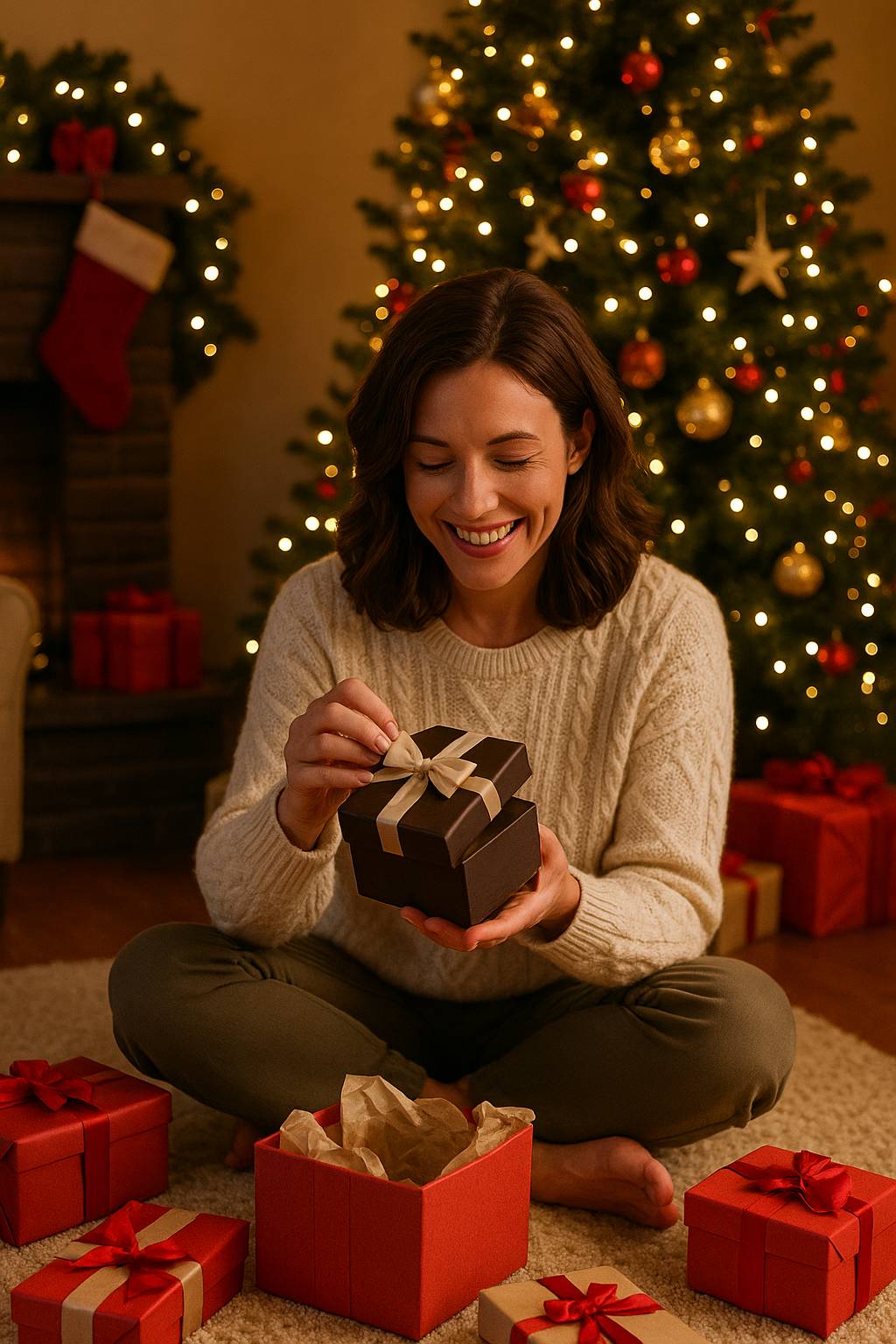 Person opening a Christmas gift under the tree with warm lights.
