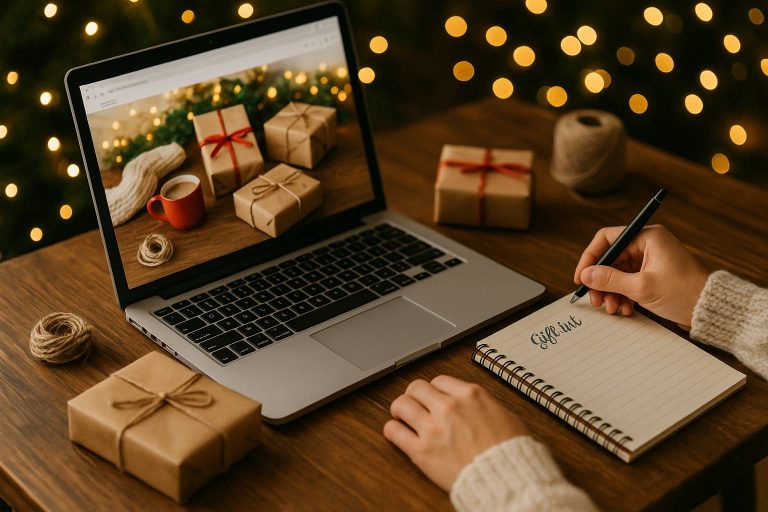 Parent using Amazon gift deals notebook on holiday table
