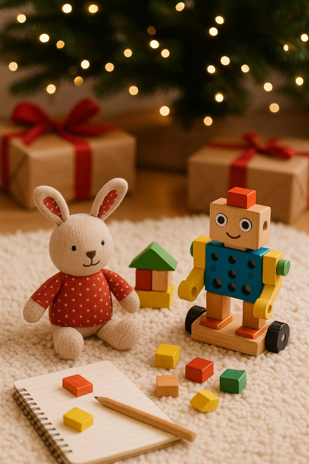 Child balancing fun and educational toys under Christmas tree
