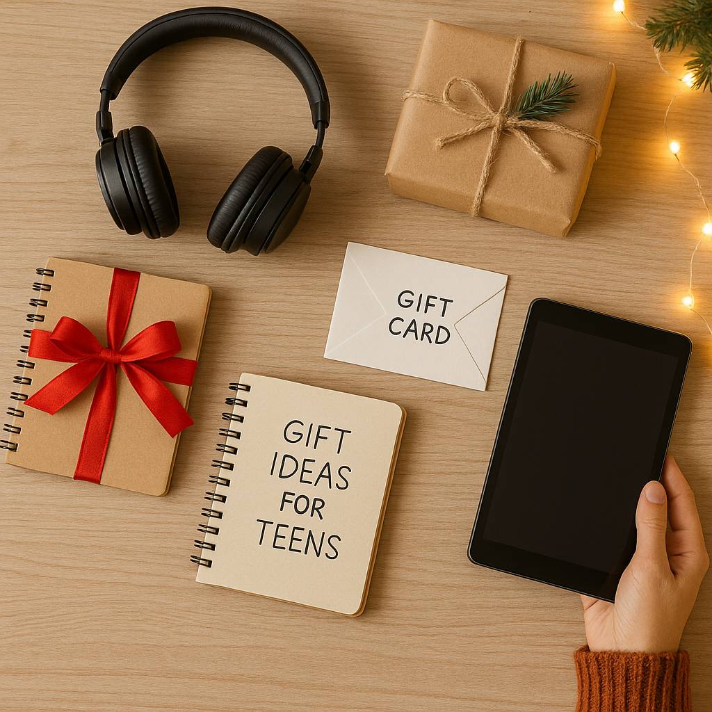 Teen gift ideas including tablet, headphones, and journal