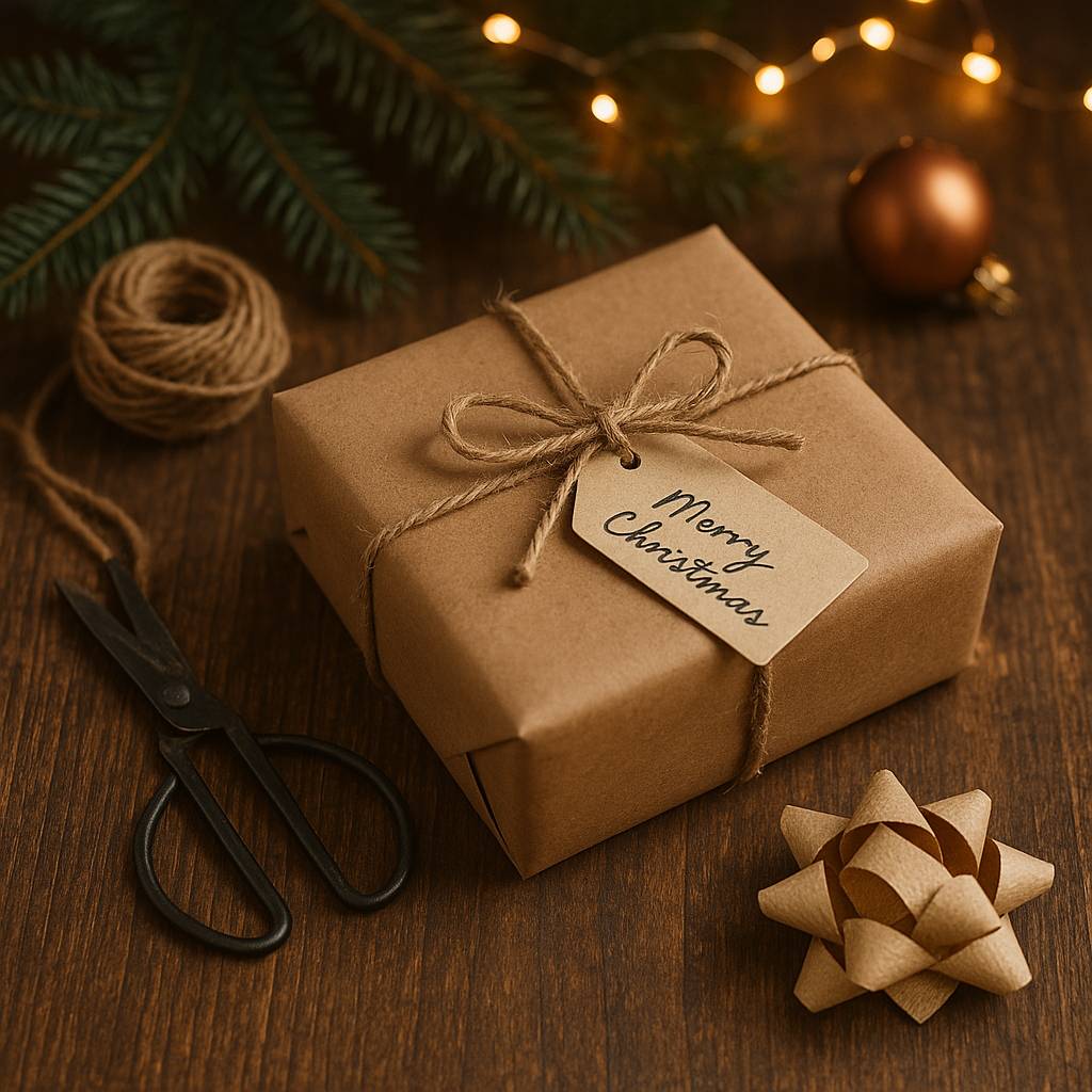 Affordable Christmas gifts displayed on a festive wooden table