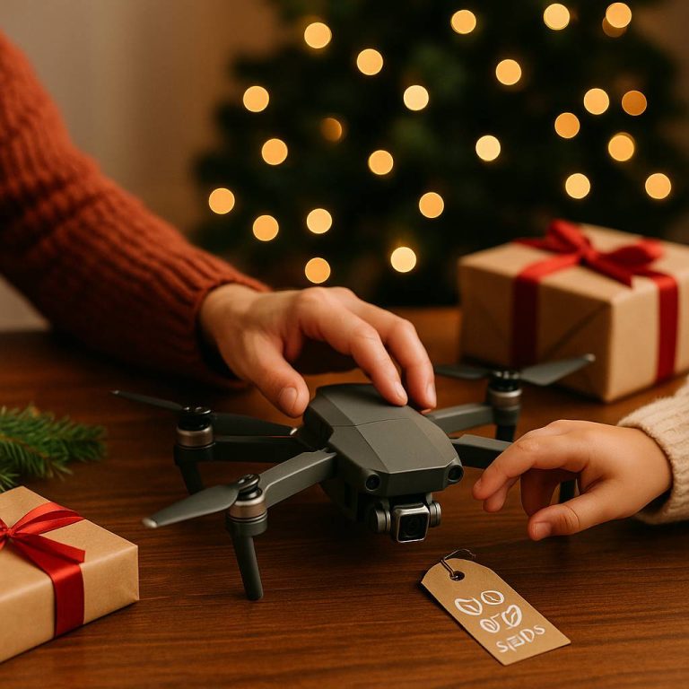 Parent supervising child while inspecting drone safely