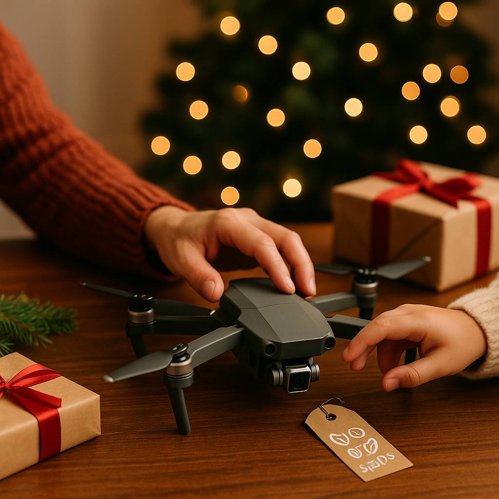 Parent supervising child while inspecting drone safely