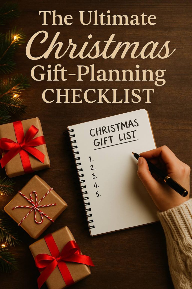 Christmas gift planning checklist with wrapped presents nearby