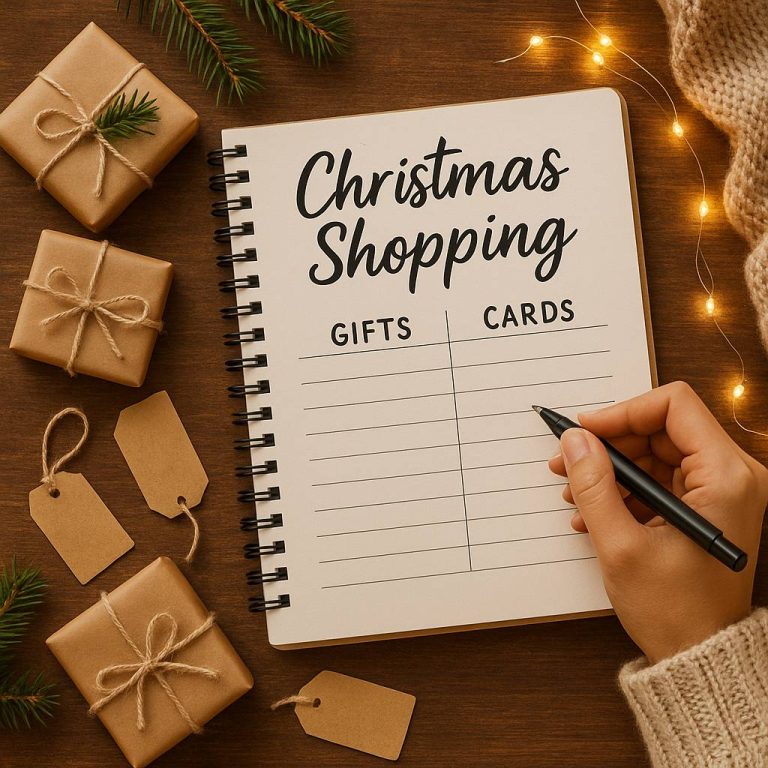 Organized holiday shopping list with wrapped gifts and ribbon