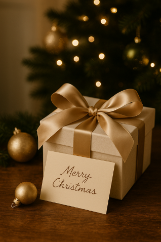 Holiday gift selection table with thoughtful presents and notes