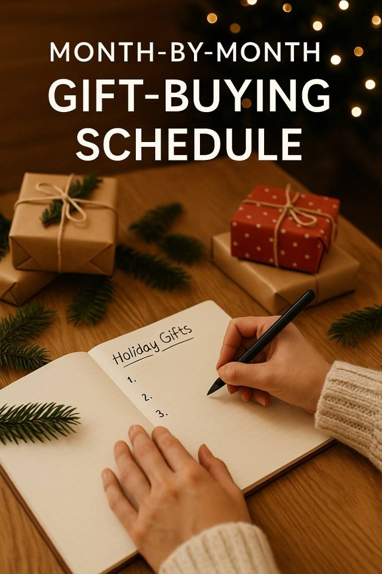 Family gift-buying schedule notebook with holiday lights