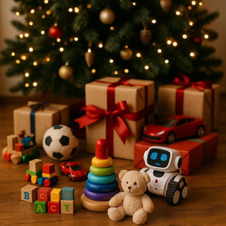 Parent comparing toy age groups while shopping for Christmas gifts