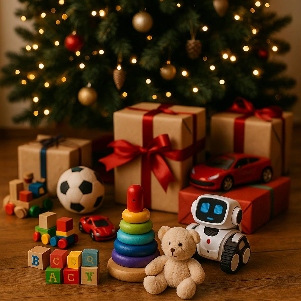 Parent comparing toy age groups while shopping for Christmas gifts