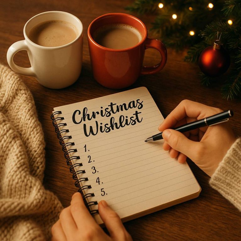 Christmas wishlist and wrapped gifts arranged neatly on a table