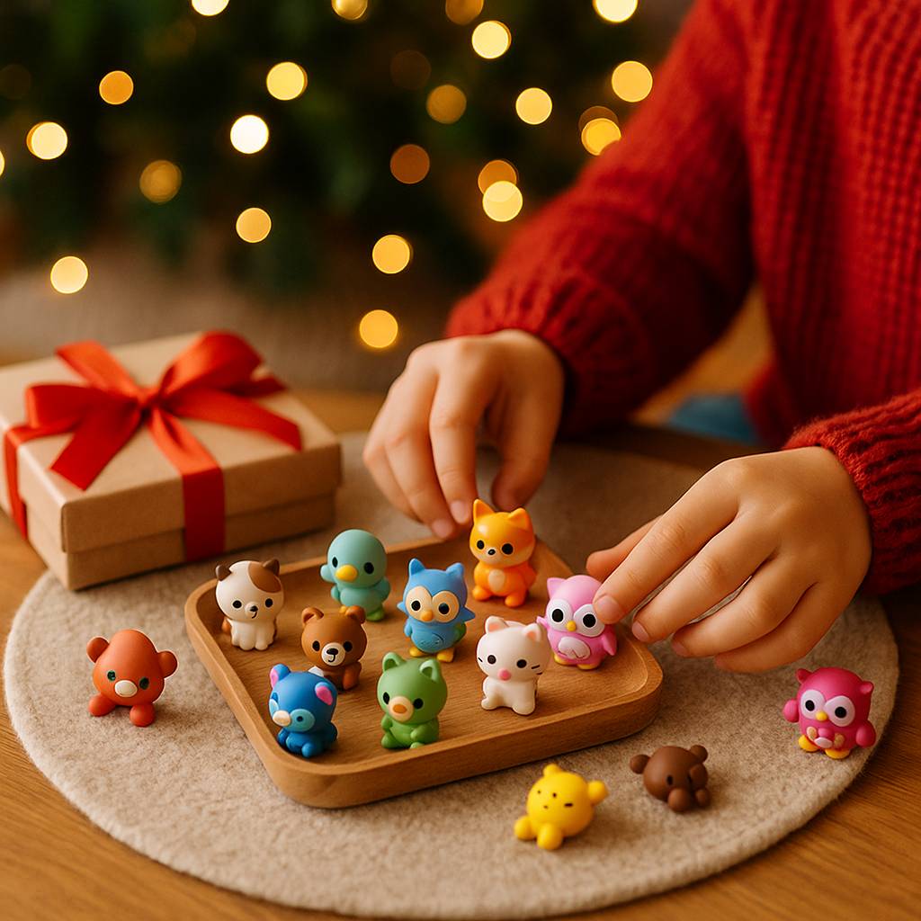 Child arranging collectible mini toys in holiday setting