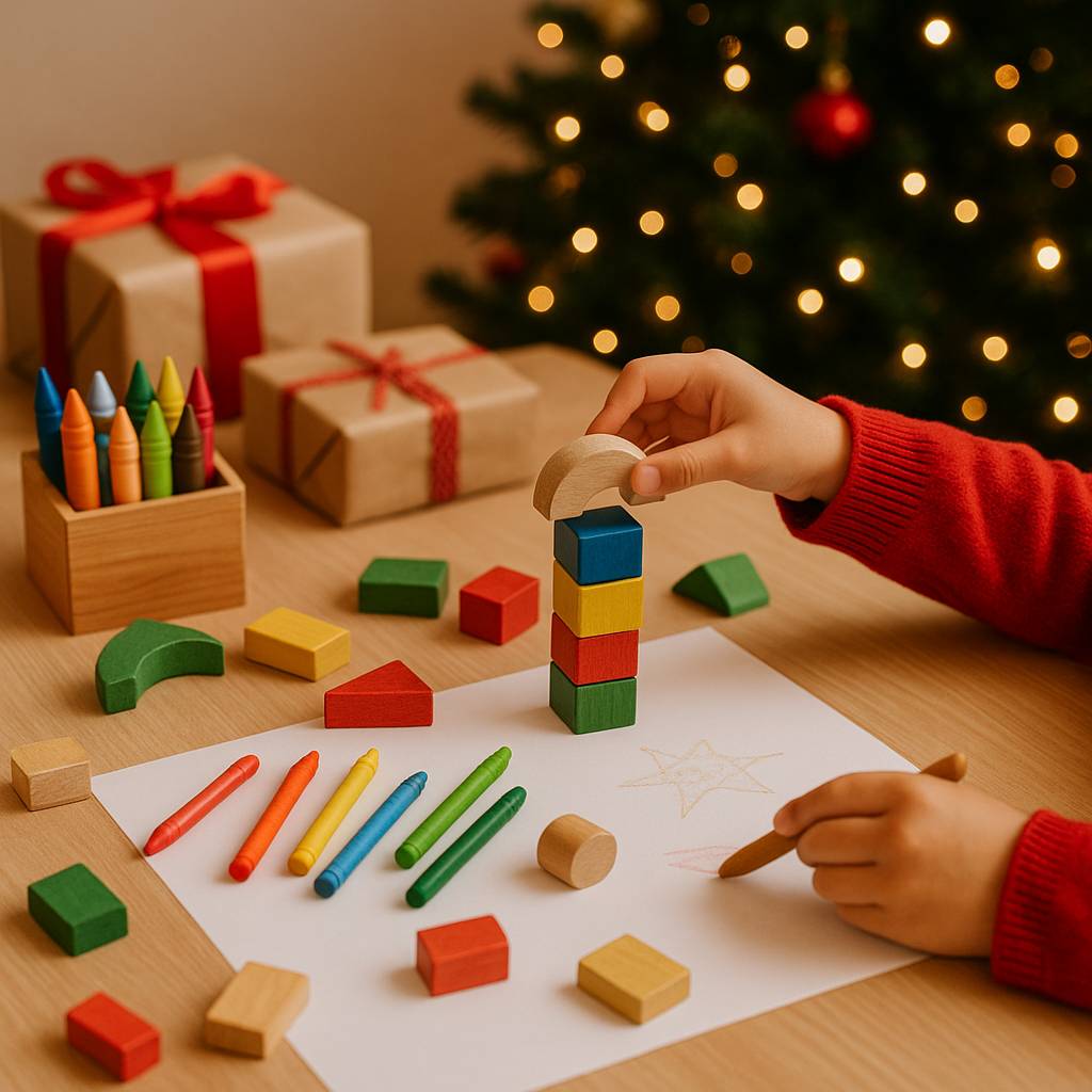 Child coloring and building toys for creative Christmas play