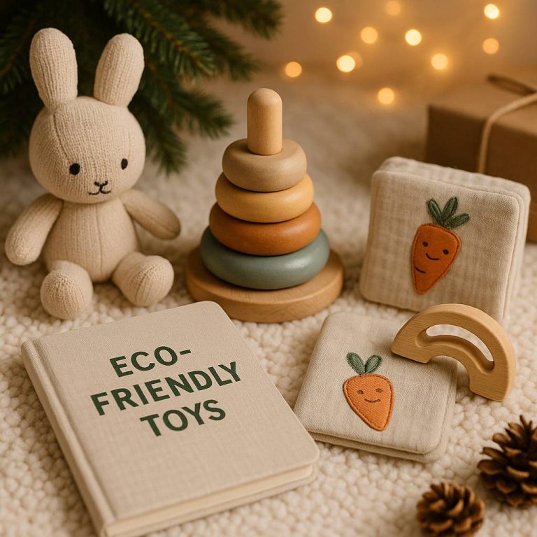 Organic toddler toys with wooden stacker and plush bunny