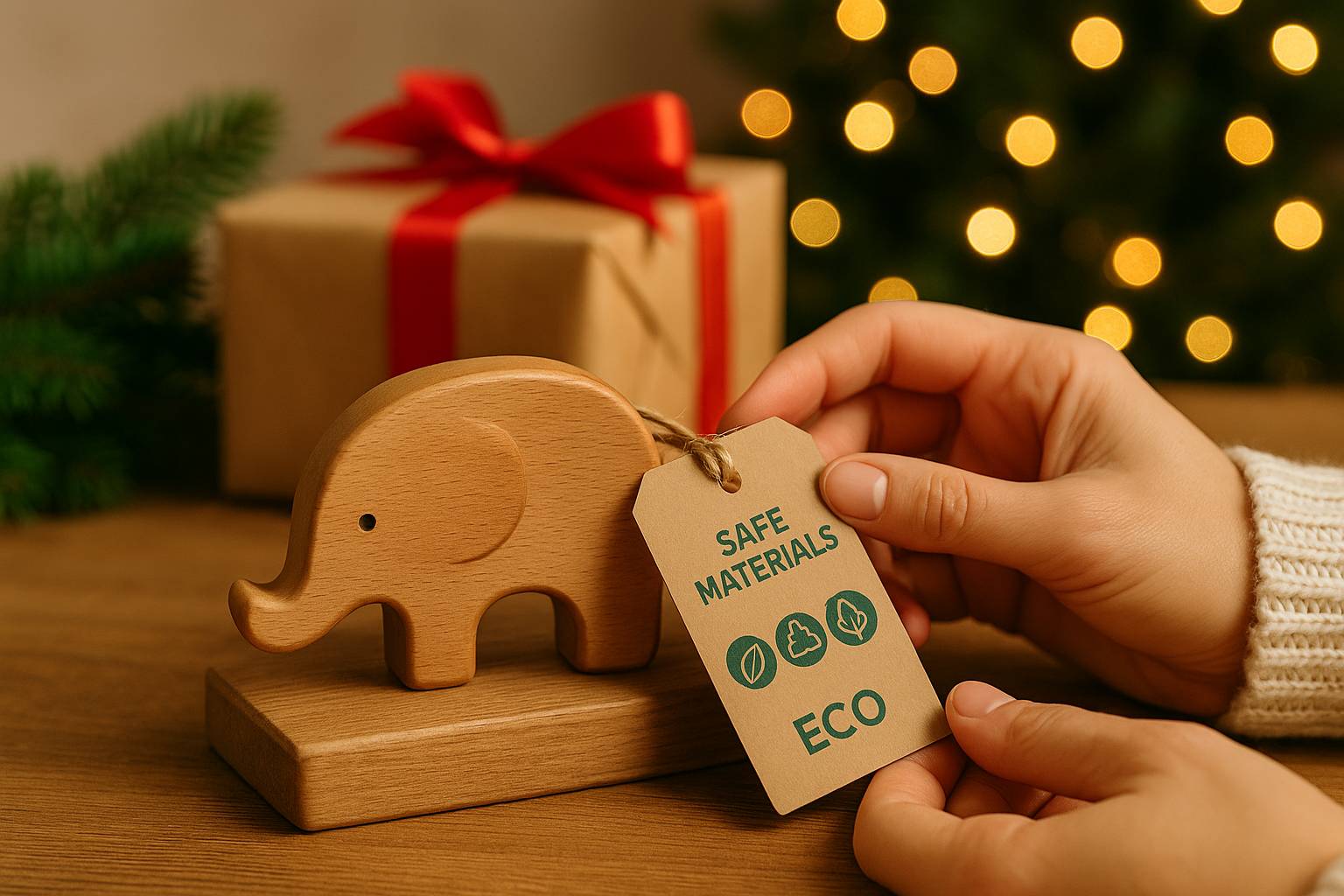 Eco-friendly wooden toy with safe-material certification tag