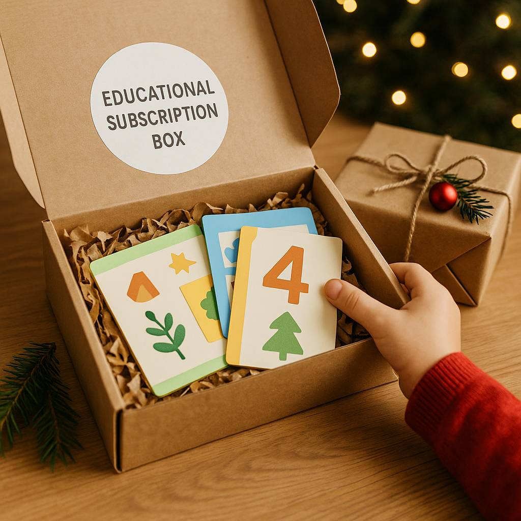 Educational subscription box unboxing with flashcards