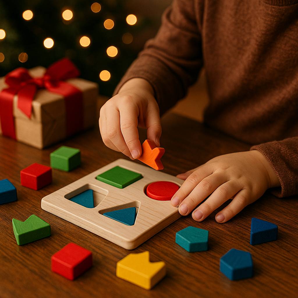 Child solving wooden puzzle toy for problem-solving skills