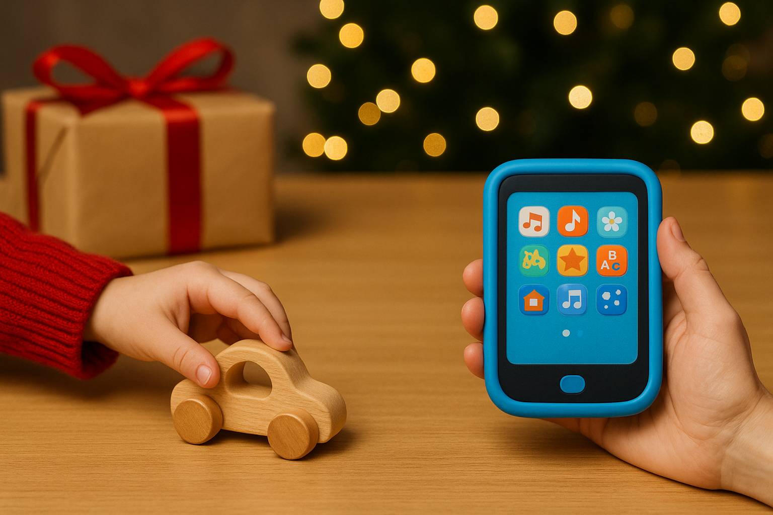 Traditional wooden toy and kids’ tablet side-by-side