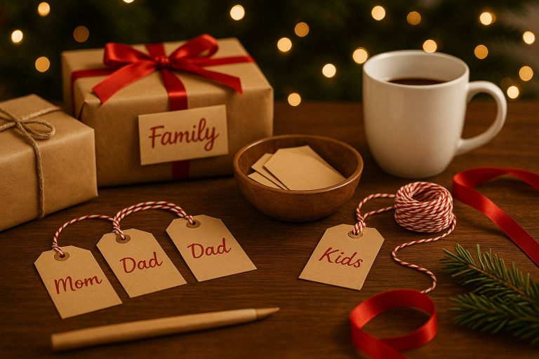 Family gift exchange tags arranged with festive décor