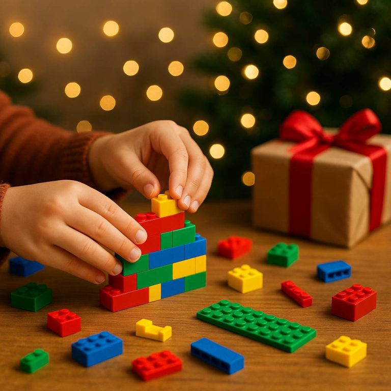 Child building colorful bricks on Christmas morning