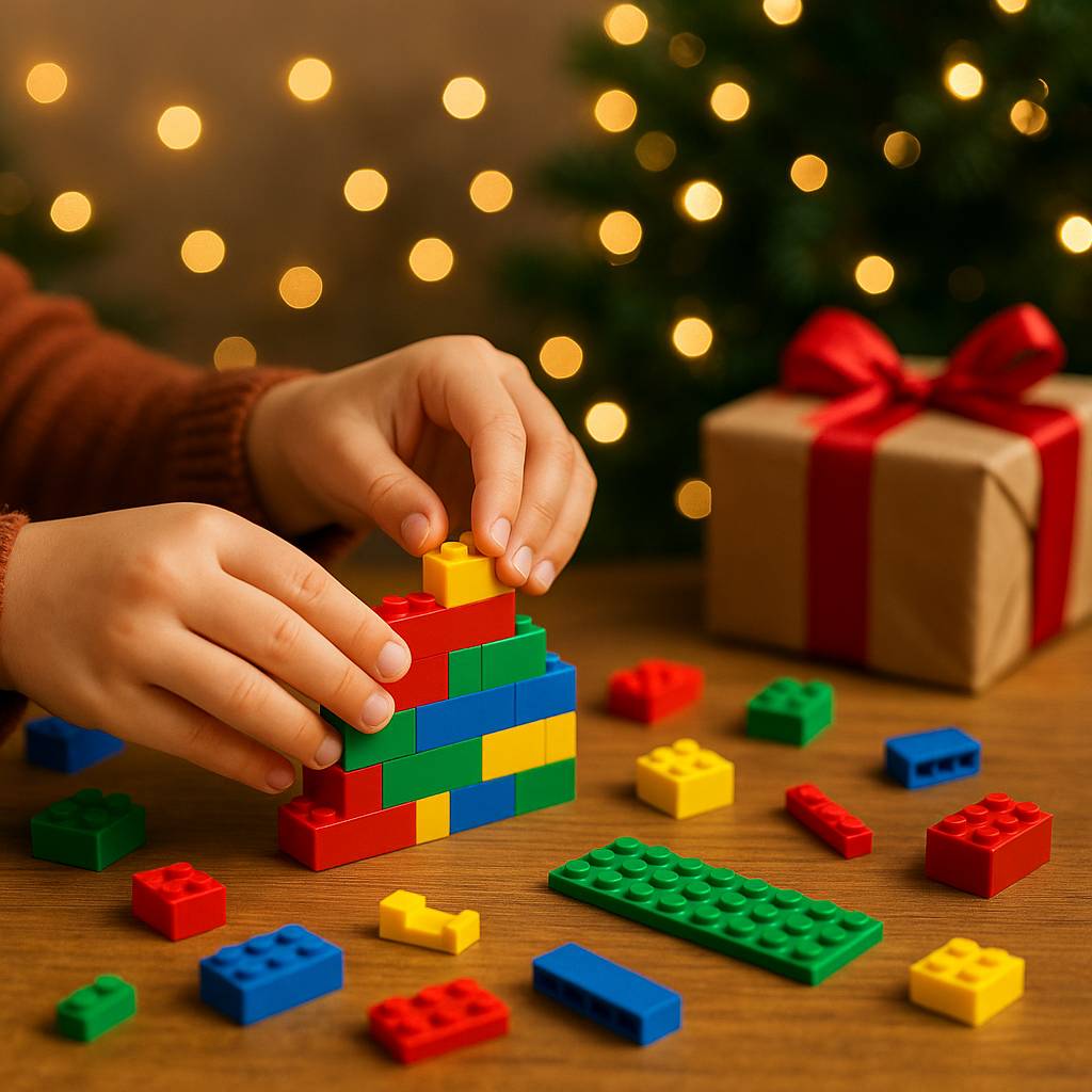 Child building colorful bricks on Christmas morning
