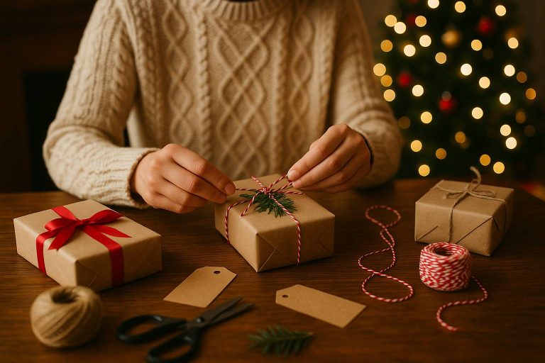 Budget-friendly gift planning scene with cozy Christmas décor