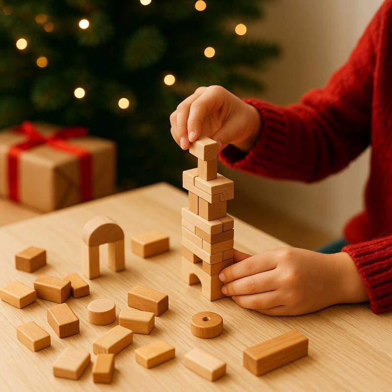 Child playing with modular wooden toy that grows with age