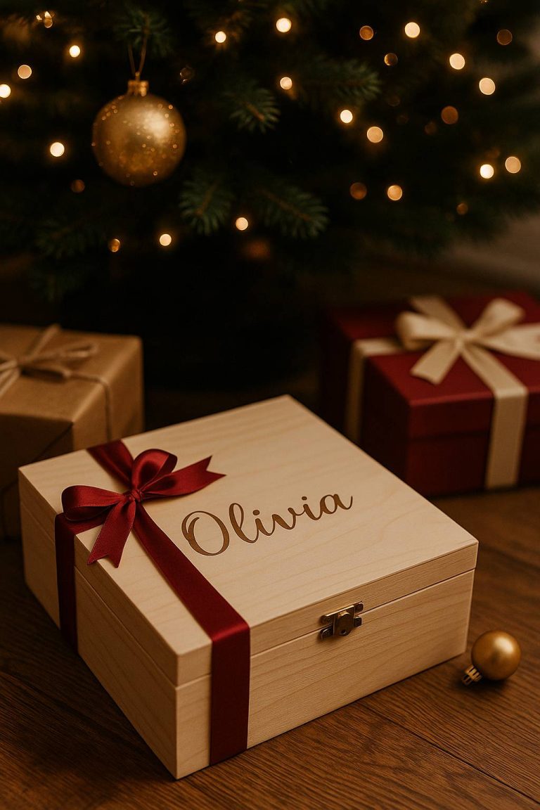 Personalized Christmas gift displayed with a handwritten holiday tag