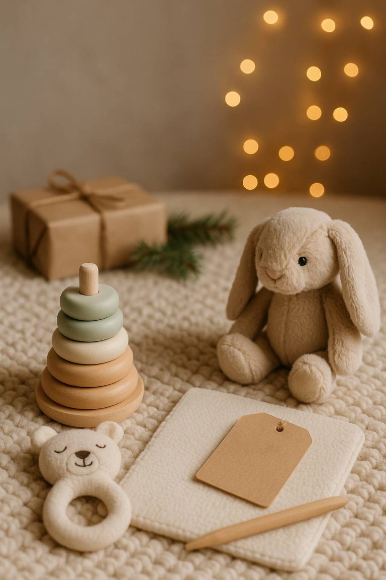 Safe toddler toys arranged on soft nursery blanket for Christmas