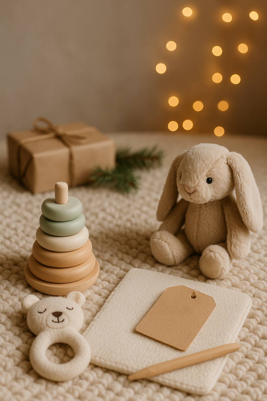 Safe toddler toys arranged on soft nursery blanket for Christmas