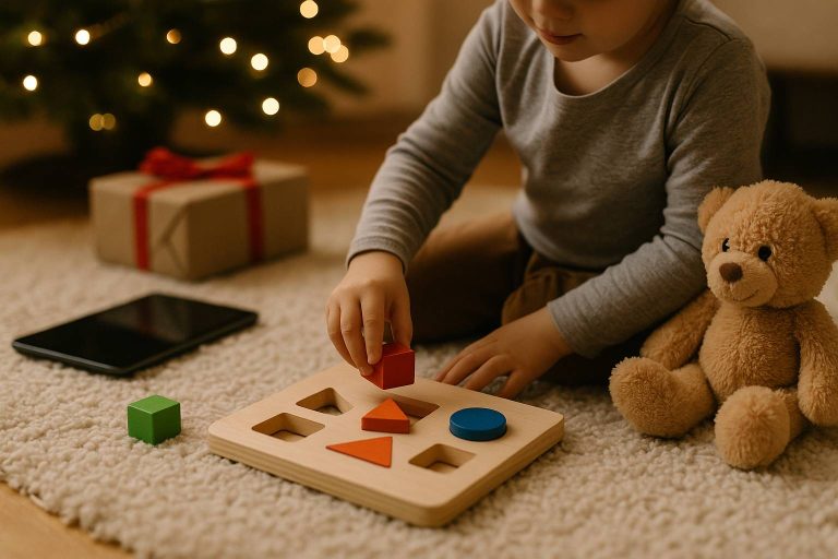 Child playing with wooden puzzle while tablet sits unused