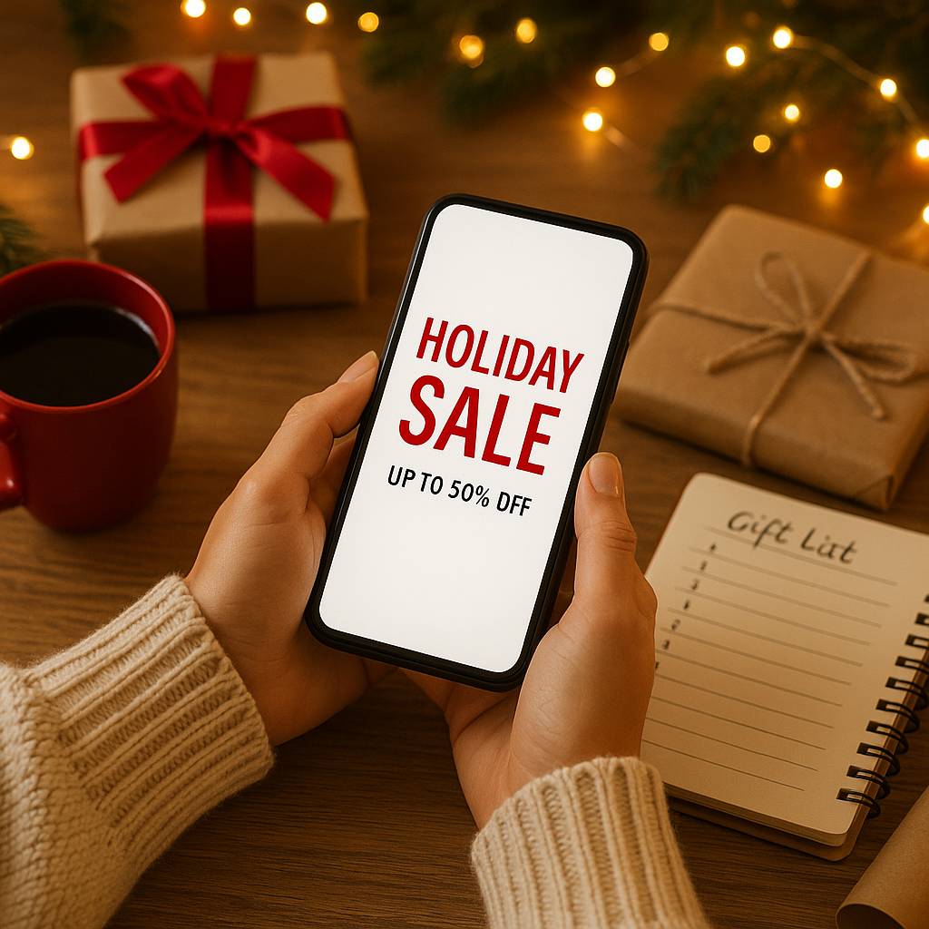 Holiday sale planning scene with digital deals and warm lights