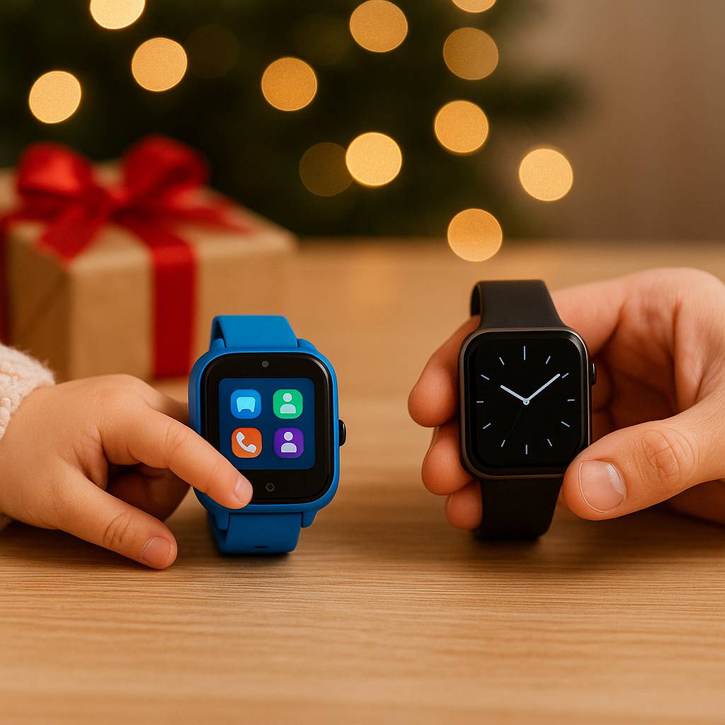 Adult and child comparing smartwatches on holiday table