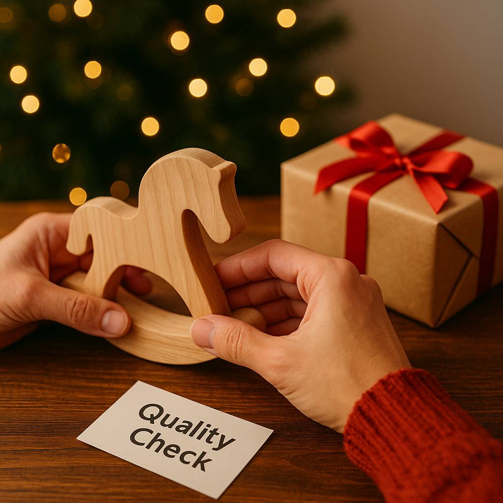 Hands checking high-quality wooden toy craftsmanship