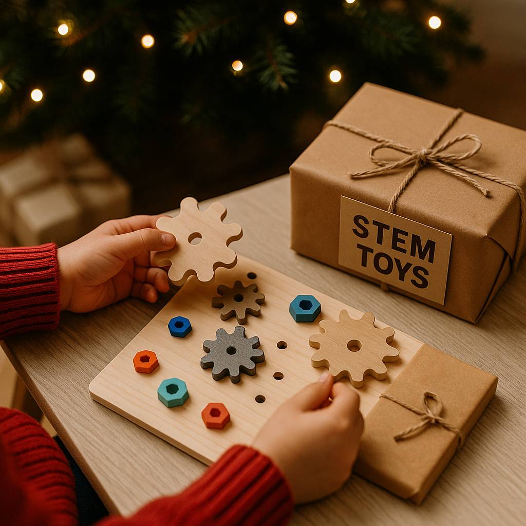 Child building wooden STEM gears with cozy Christmas décor