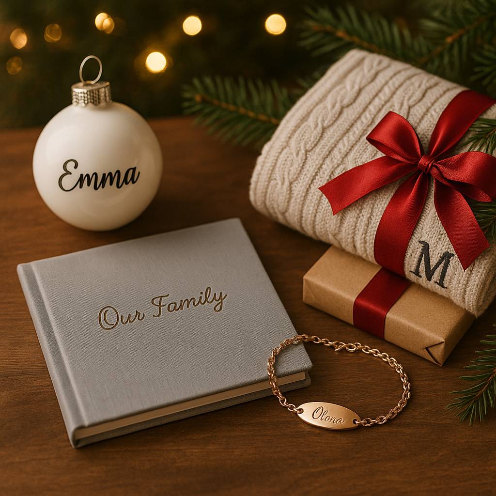 Timeless personalized Christmas gifts arranged with ribbon and pine