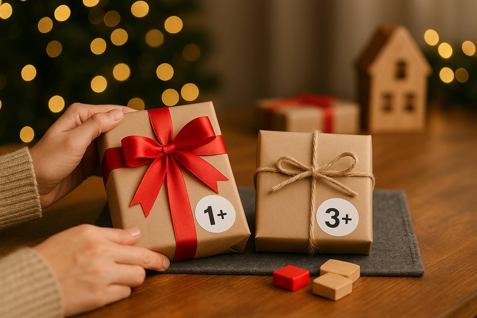 Parent comparing gifts with age labels for safe toy selection