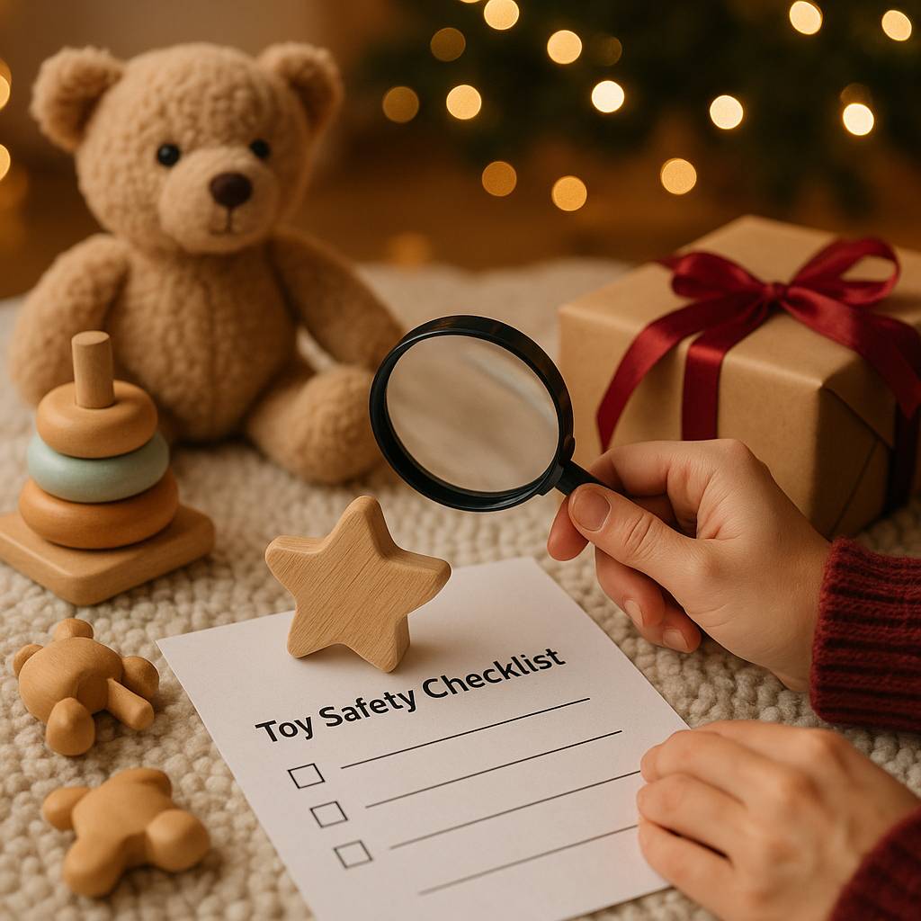 Parent inspecting toys with a toy safety checklist