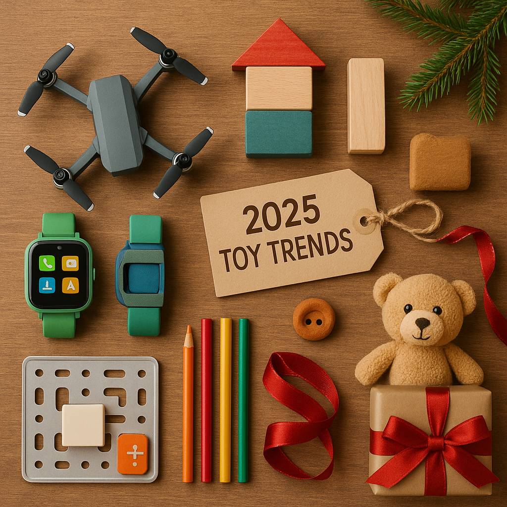 Flat-lay of trending toys for Christmas 2025 including STEM and plush items