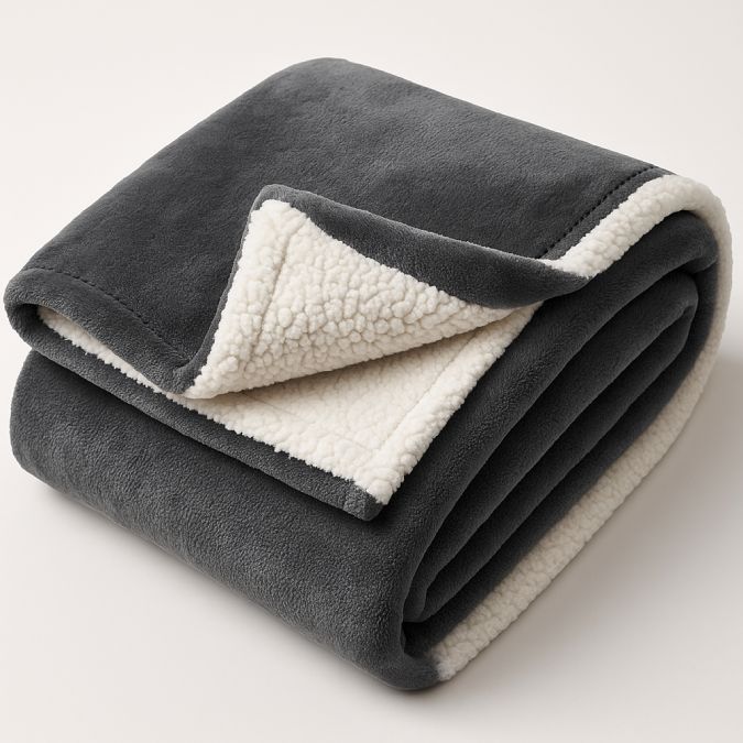 Dark grey sherpa fleece throw blanket folded on a neutral background.
