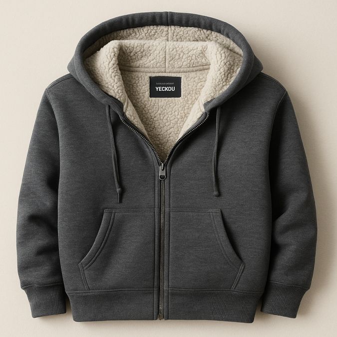 Charcoal grey sherpa-lined men’s hoodie — warm cozy winter gift idea.
