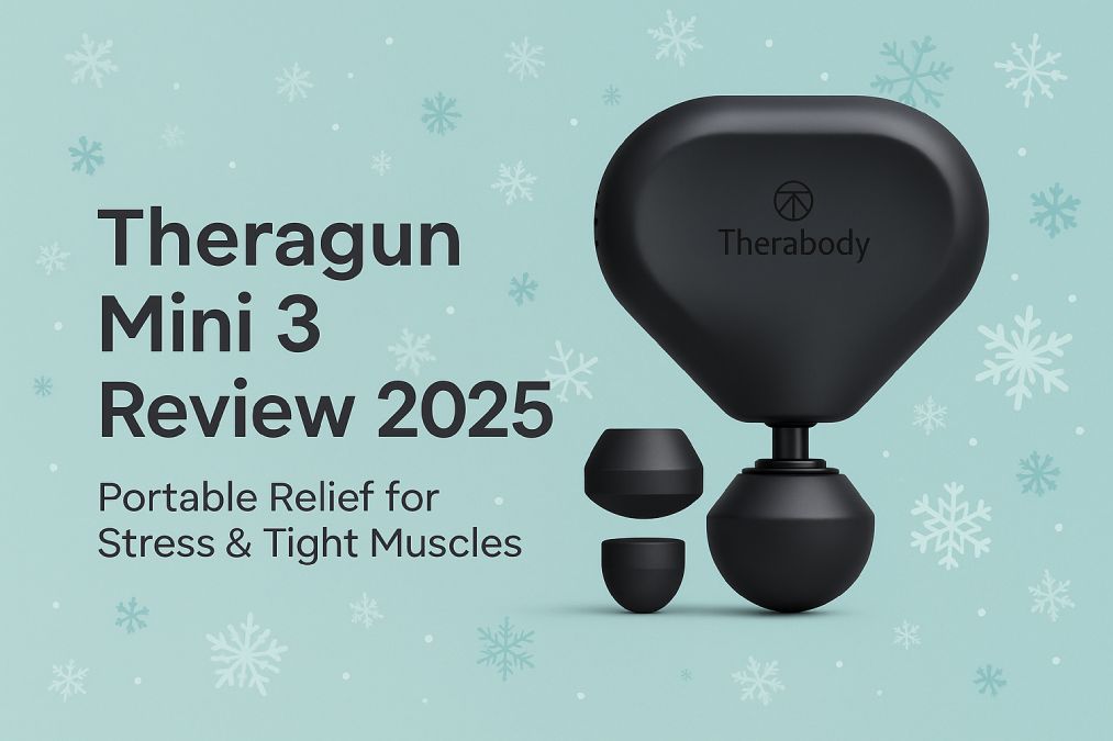 Illustration of the Theragun Mini 3 massage gun with soft holiday colors and snowflake accents for a 2025 gift review.