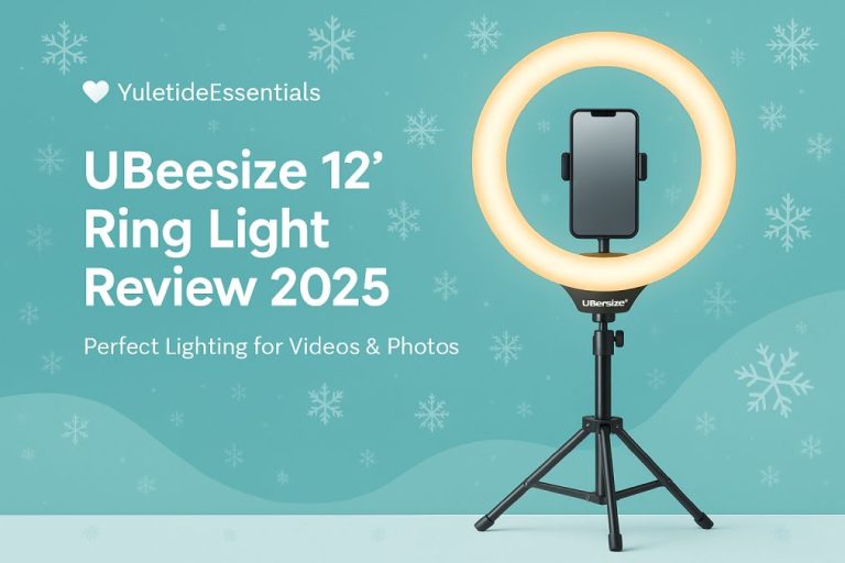 UBeesize 12-inch ring light on tripod for video recording and content creation, featured in YuletideEssentials review