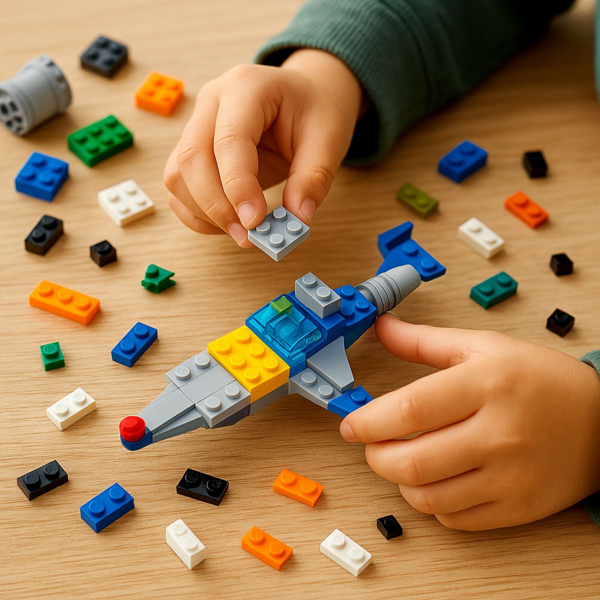 Child building a colorful plastic brick spaceship on a table, surrounded by scattered building bricks.