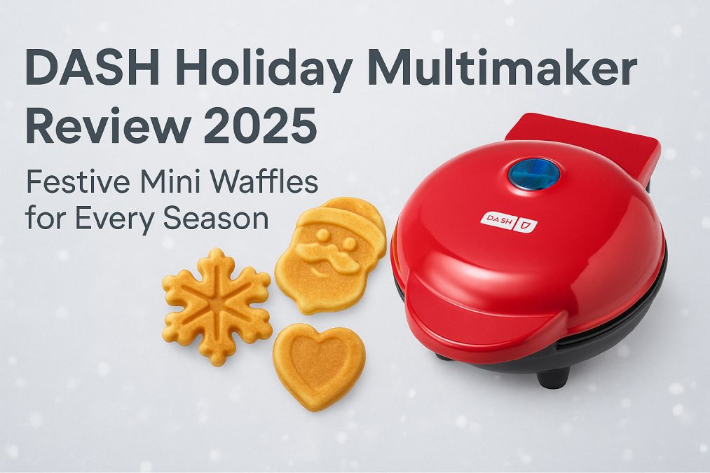 Bright red DASH Holiday Multimaker Mini waffle maker shown on a light snowy background, with three golden mini waffles in festive shapes including a snowflake, Santa face, and heart, alongside the text “DASH Holiday Multimaker Review 2025 – Festive Mini Waffles for Every Season.”