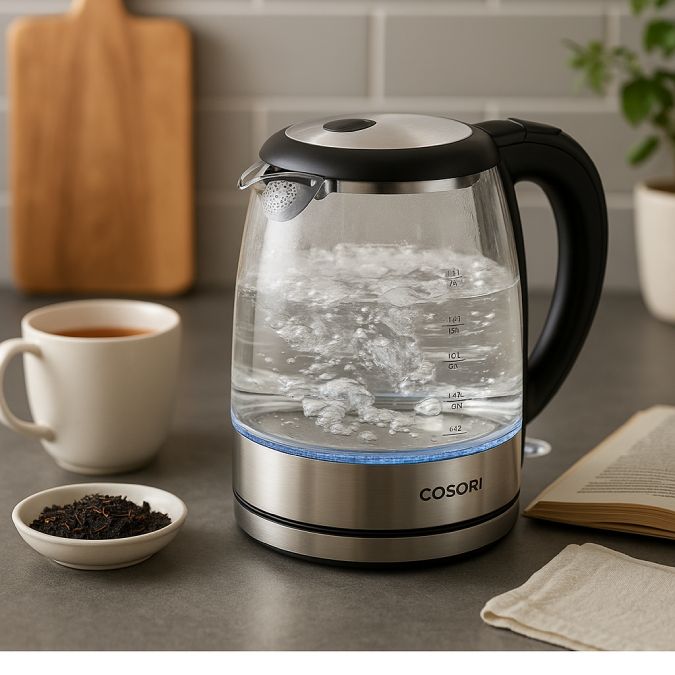 COSORI electric glass kettle boiling water on a kitchen counter, with blue LED light glowing at the base, next to a cup of tea, loose-leaf tea dish, and an open book in a warm, cozy setting.