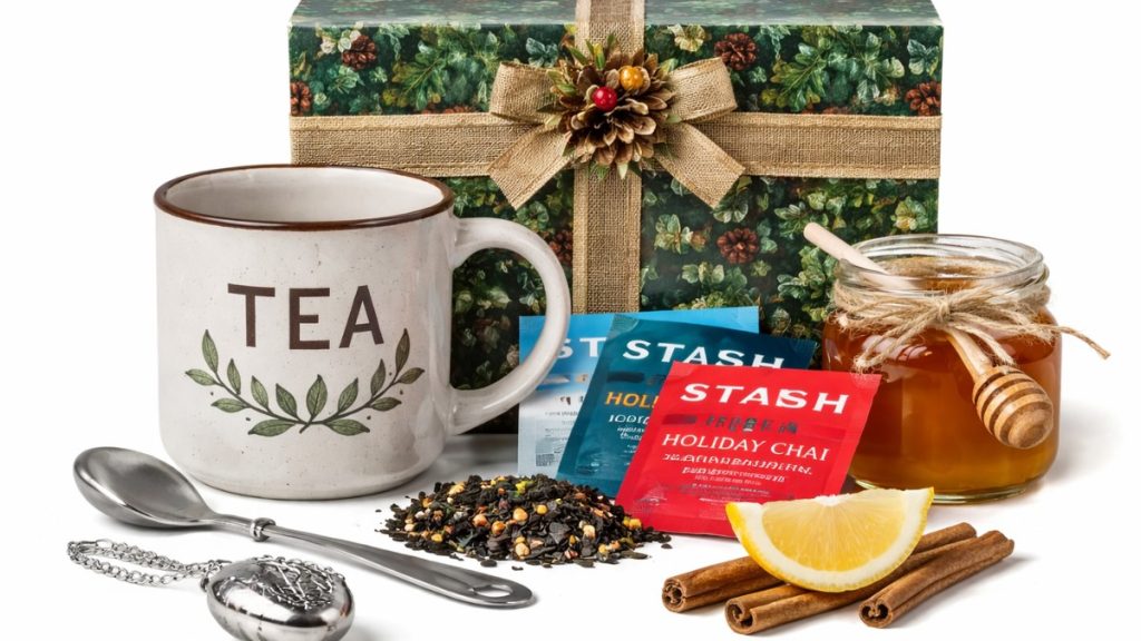 Gourmet holiday coffee sampler gift set with decorative mug, wrapped gift box, honey jar, tea sachets, cinnamon sticks, and spoon.