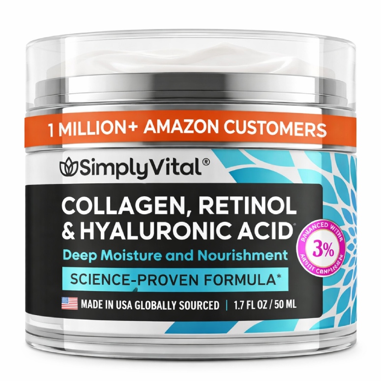 Skincare gift set featuring SimplyVital collagen, retinol and hyaluronic acid moisturizer jar for last-minute beauty gifts