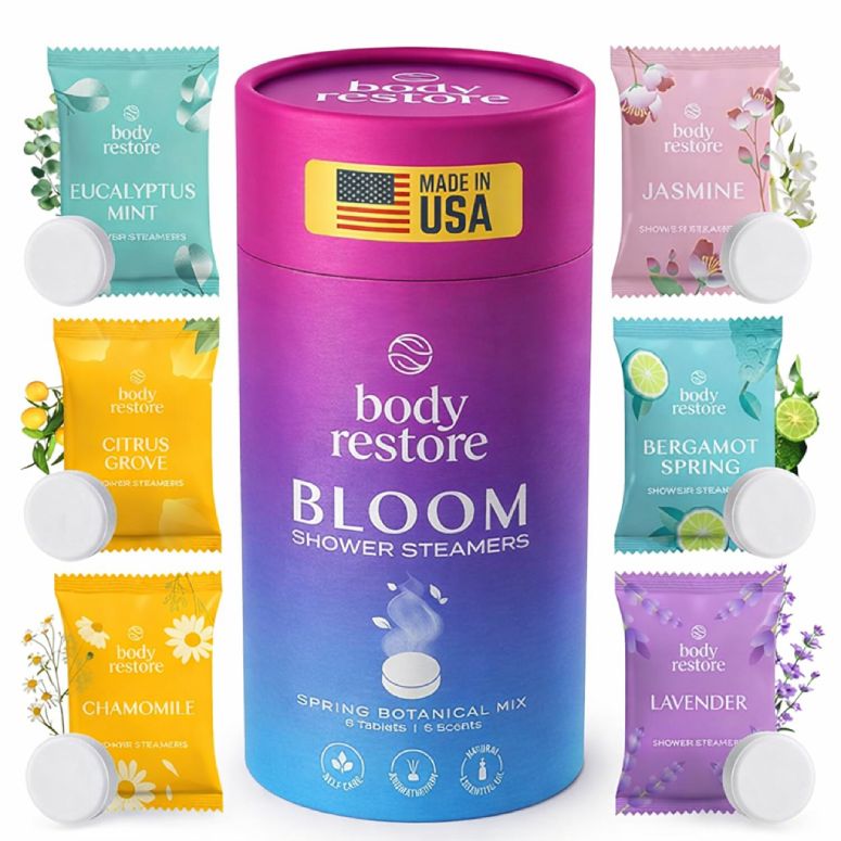Body Restore Bloom shower steamer gift set featuring assorted scented tablets for aromatherapy showers