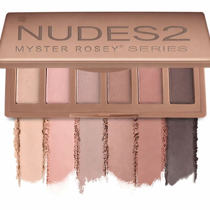 Neutral-toned NUDES2 rose-hued eyeshadow palette with eight shades and color swatches displayed