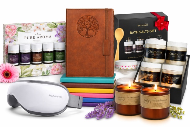 Self-care gift set featuring weighted blanket, essential oil diffuser, aromatherapy oils, eye massager, soy candles, bath salts kit, and leather journal: perfect last-minute stress-relief gifts.